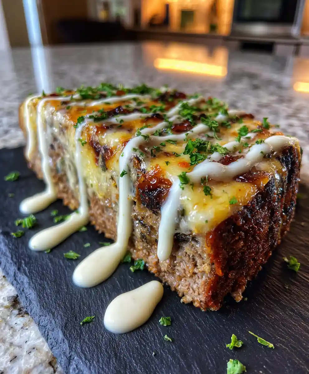 Philly Cheesesteak Meatloaf with Caramelized Onion Pepper Jack Swirl
