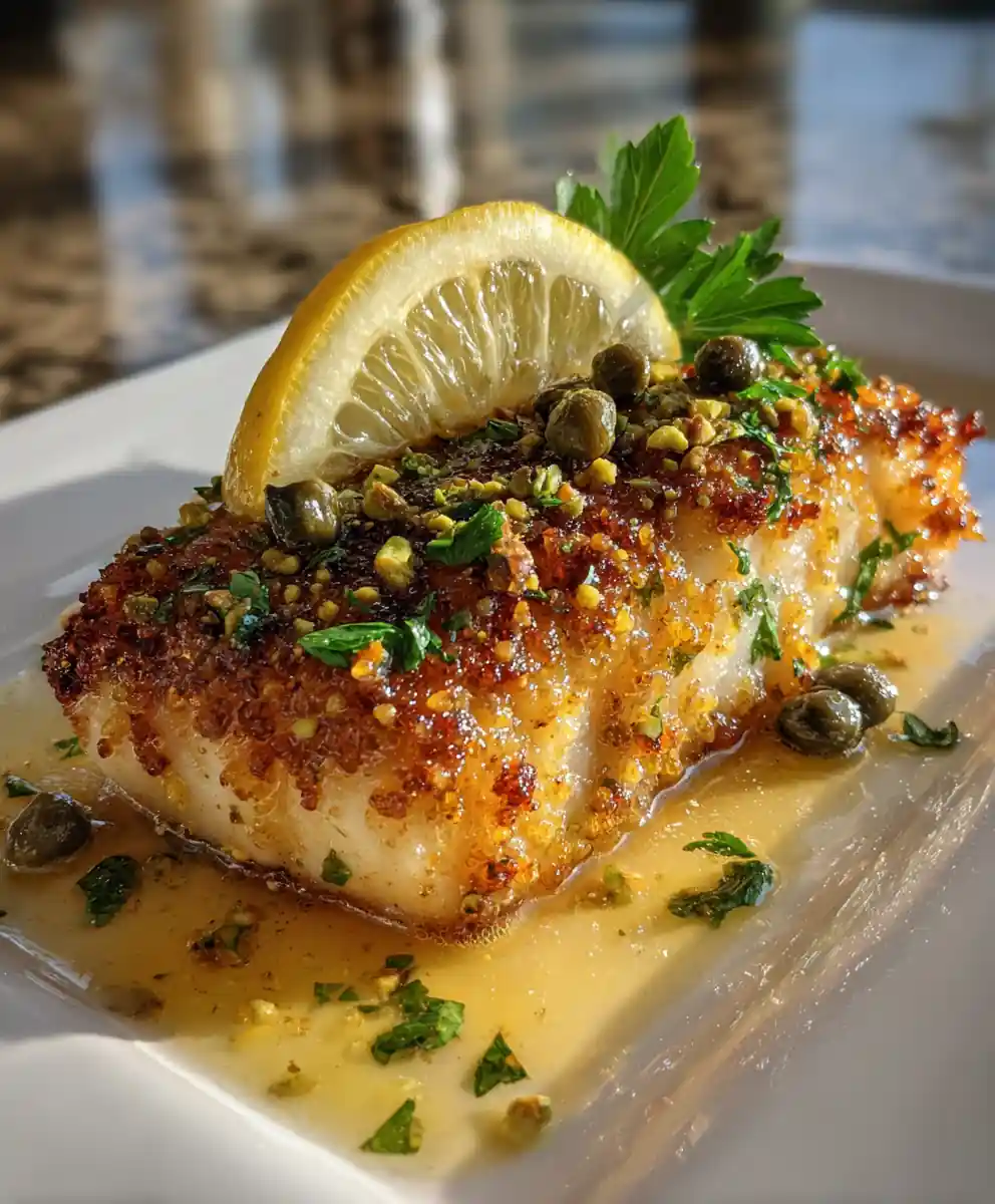 Pistachio Crusted Chilean Seabass with Lemon Caper Butter