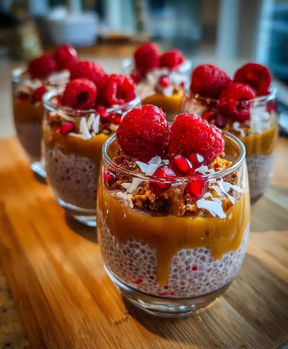 Pomegranate Raspberry Chia Dessert with Coconut Caramel Swirl