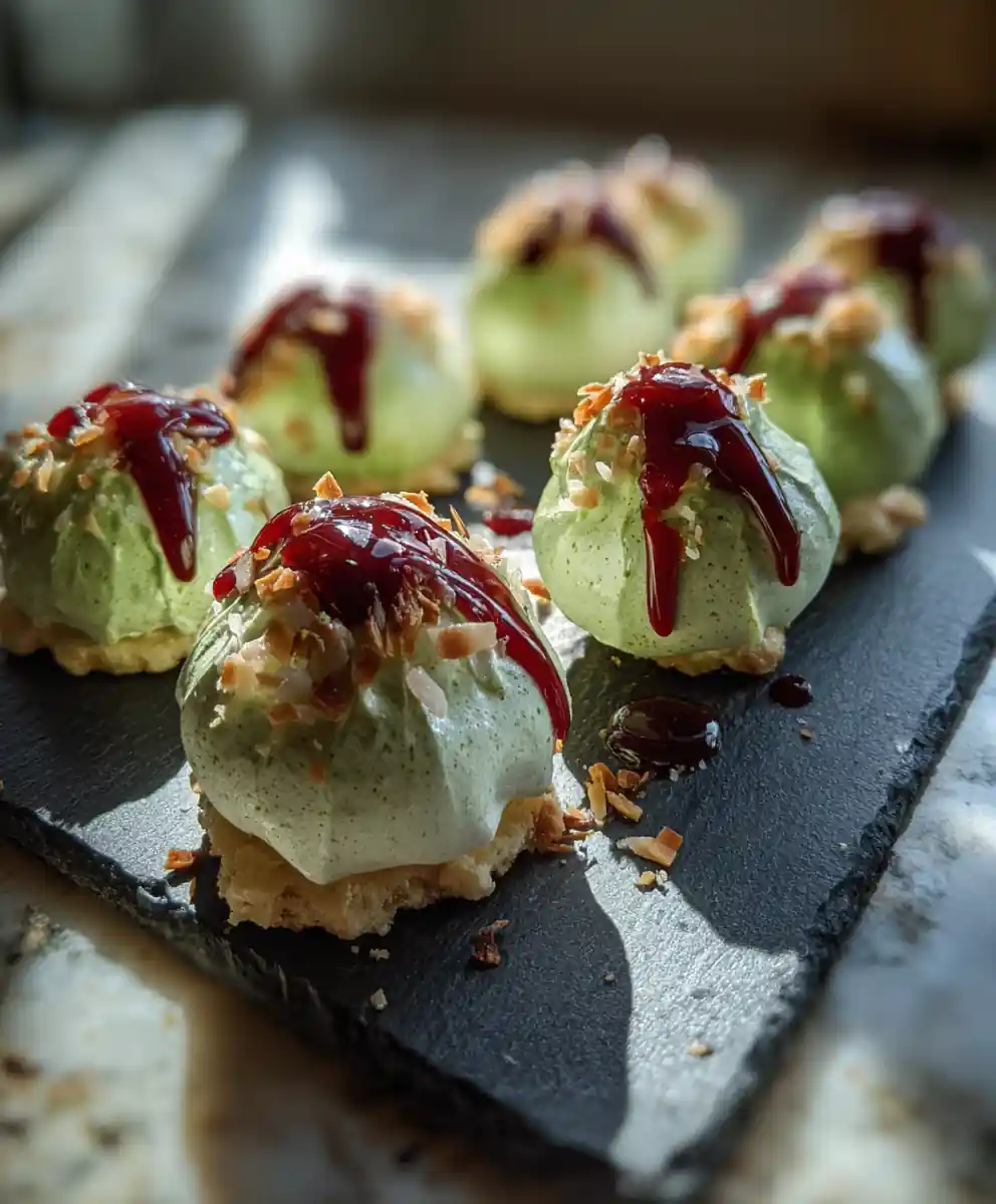 Raspberry Matcha Jello Meringue Cookies with Toasted Coconut