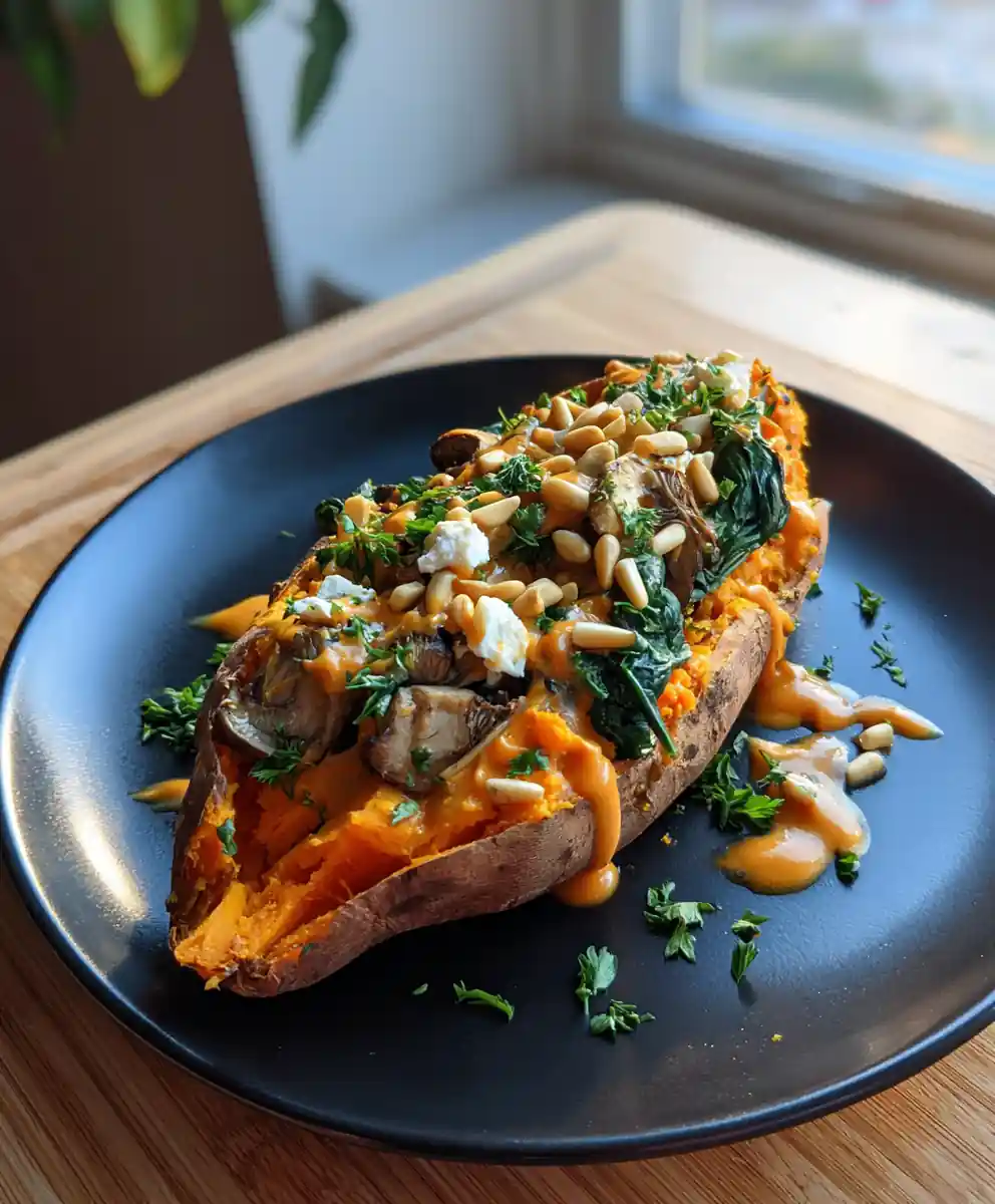 Roasted Garlic Paprika Swirled Stuffed Sweet Potatoes with Spinach Mushroom Feta