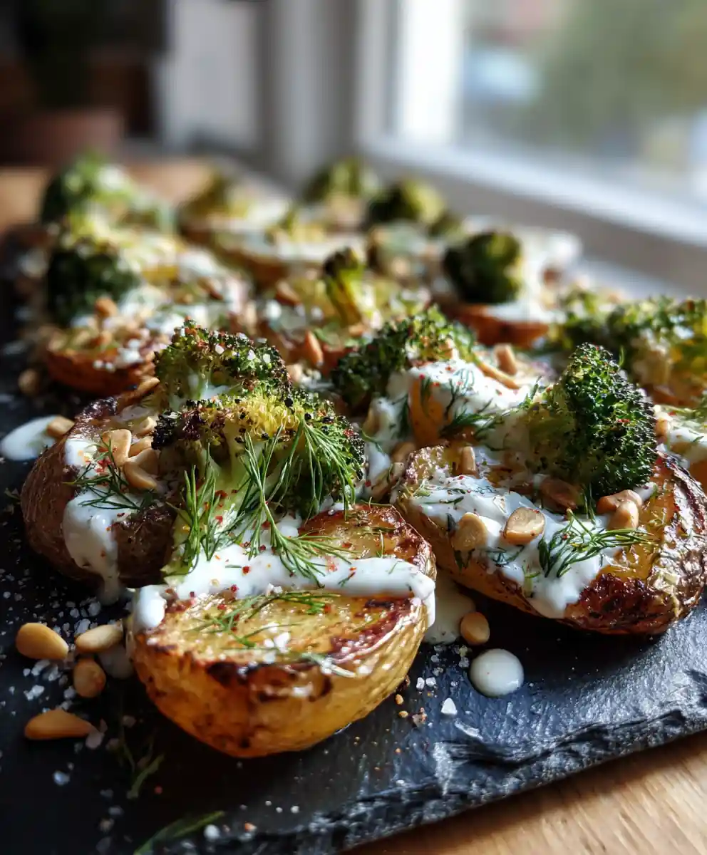 Roasted Parmesan Potatoes & Broccoli with Lemon Garlic Yogurt Drizzle