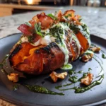 Roasted Sweet Potatoes Stuffed With Harissa Spiced Burrata Walnut Sage Pesto 1767846642.0160773