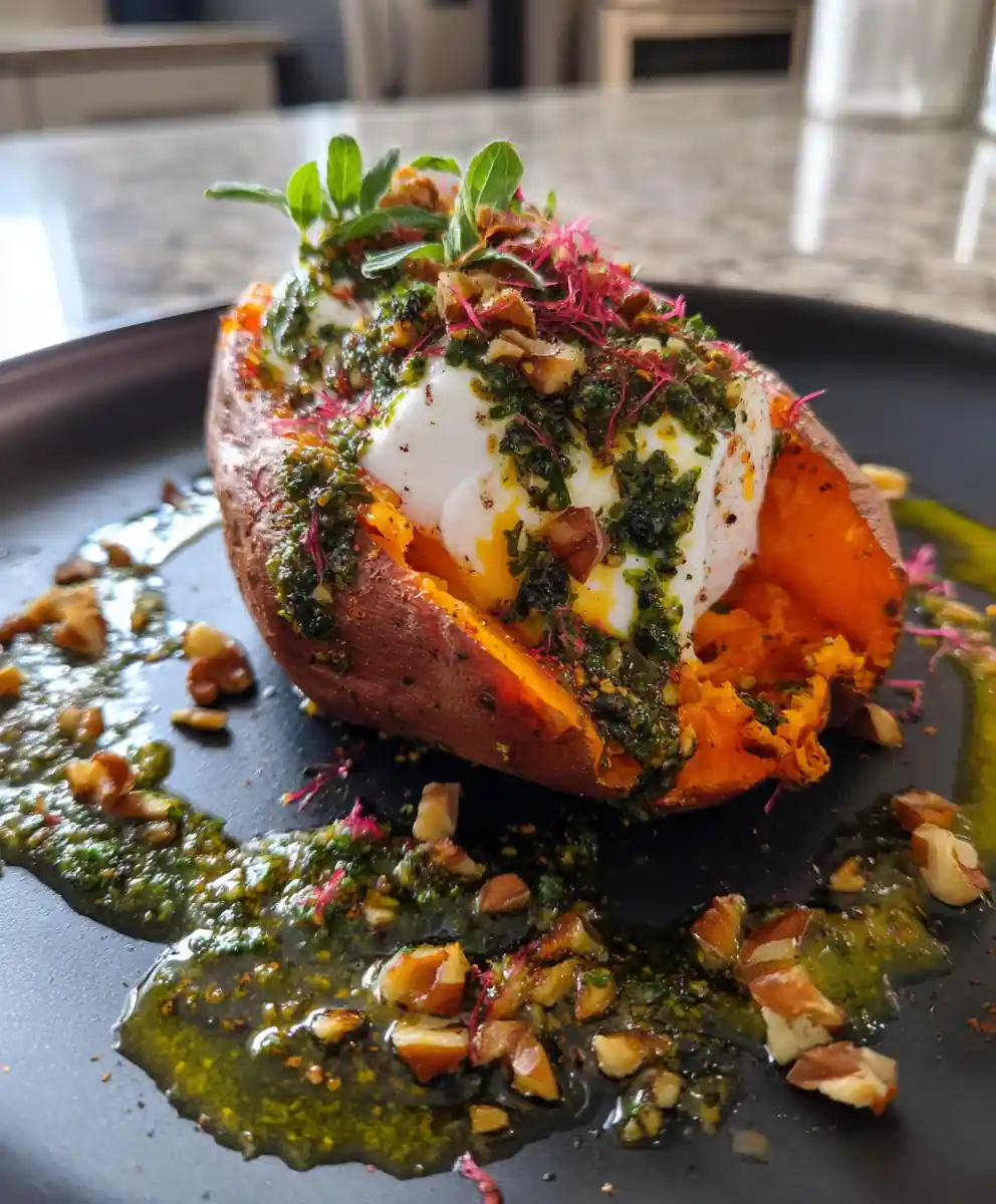 Roasted Sweet Potatoes Stuffed with Harissa Spiced Burrata & Walnut Sage Pesto