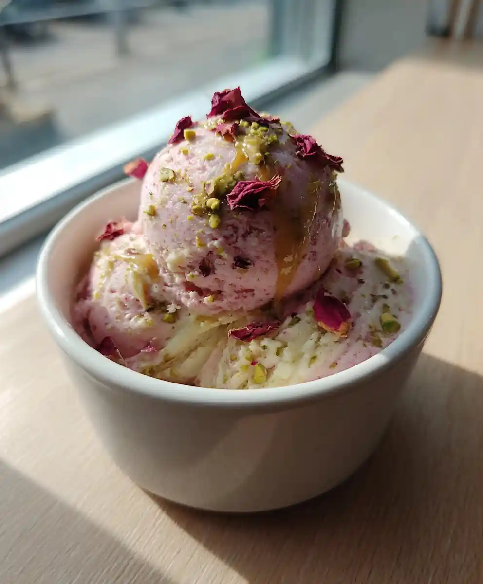 Rose Pistachio Cheesecake Ice Cream with Pistachio Praline Swirl