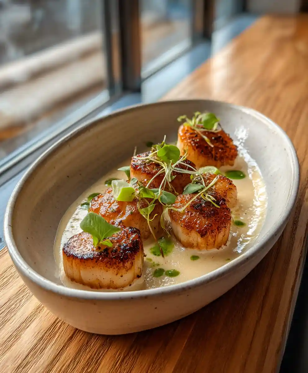 Seared Scallops with Cajun Cream Sauce and Lime Cilantro Butter Drizzle