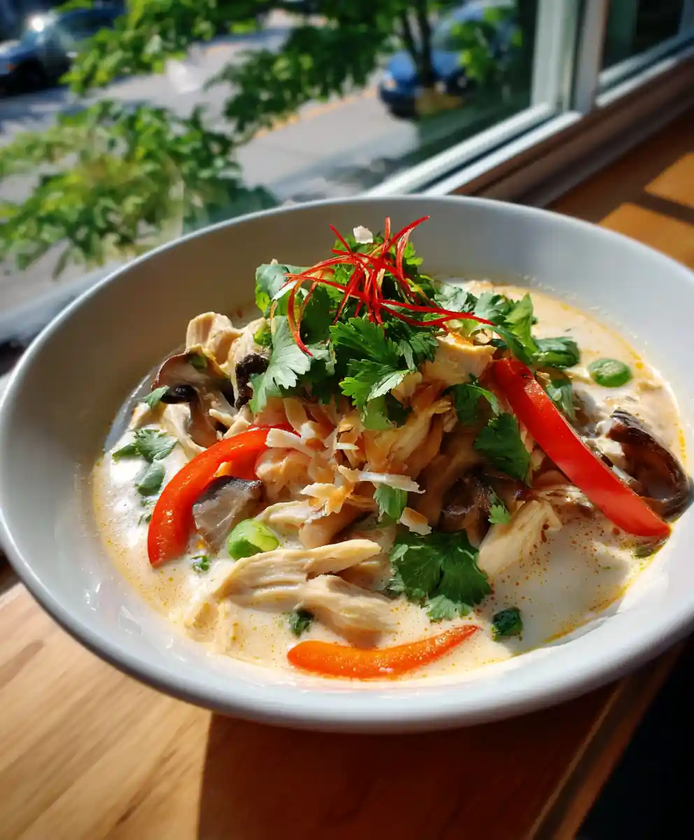Slow Cooked Thai Coconut Chicken Soup with Lemongrass Cream Swirl