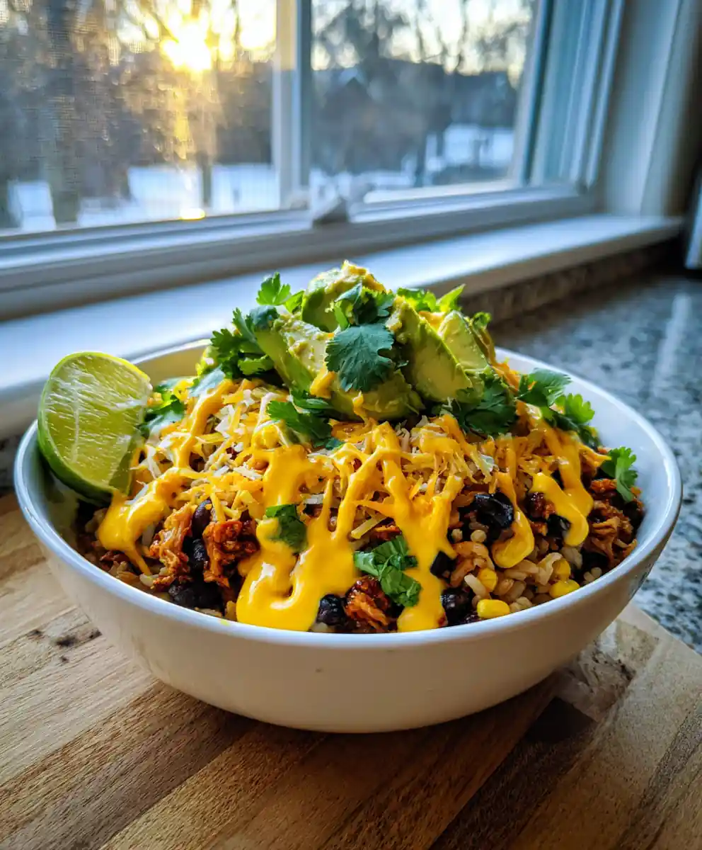 Slow Cooker Chicken Burrito Bowl with Smoky Chipotle Lime Crema