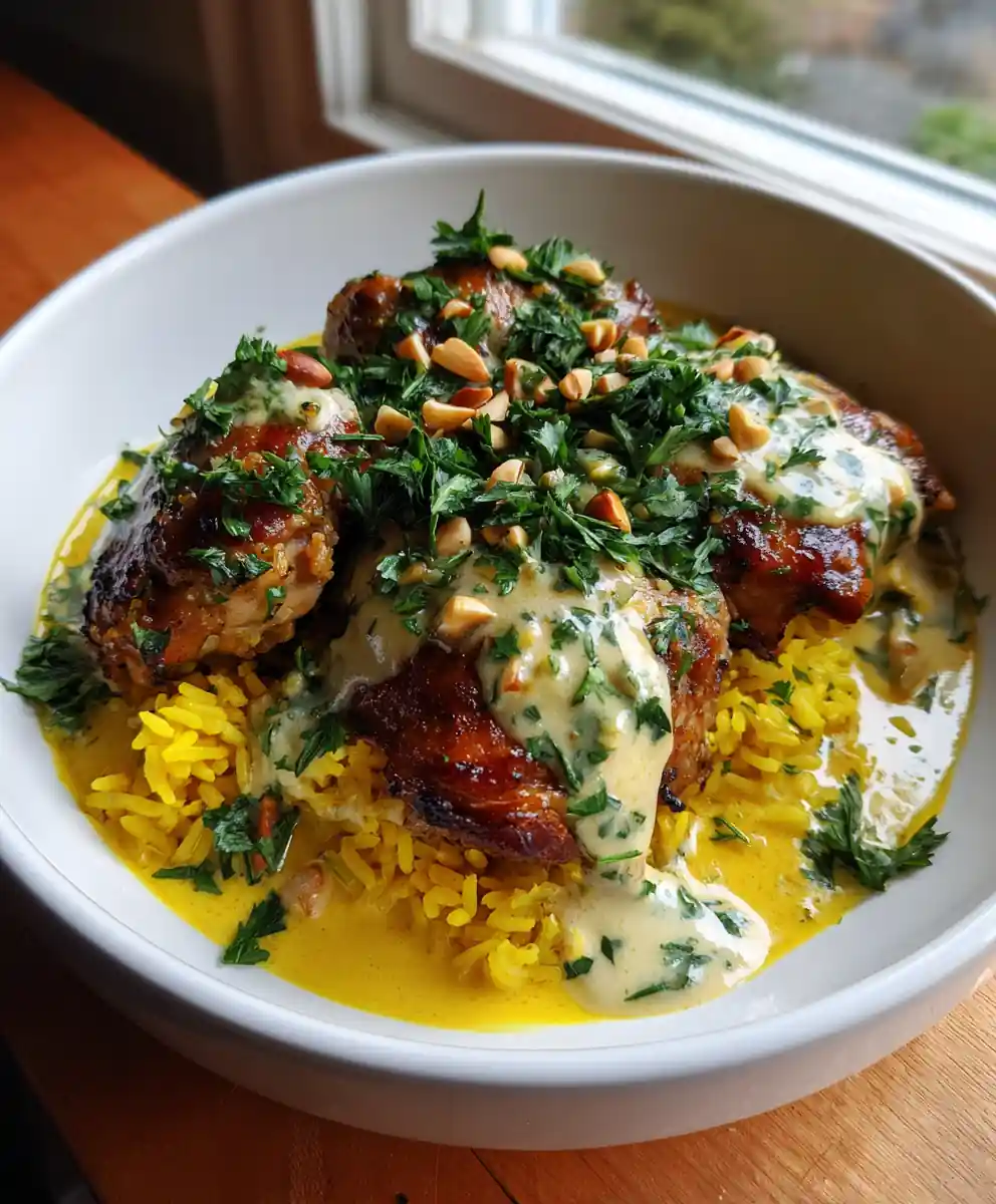 Slow Cooker Lemon Herb Chicken with Turmeric Scented Rice and Yogurt Drizzle