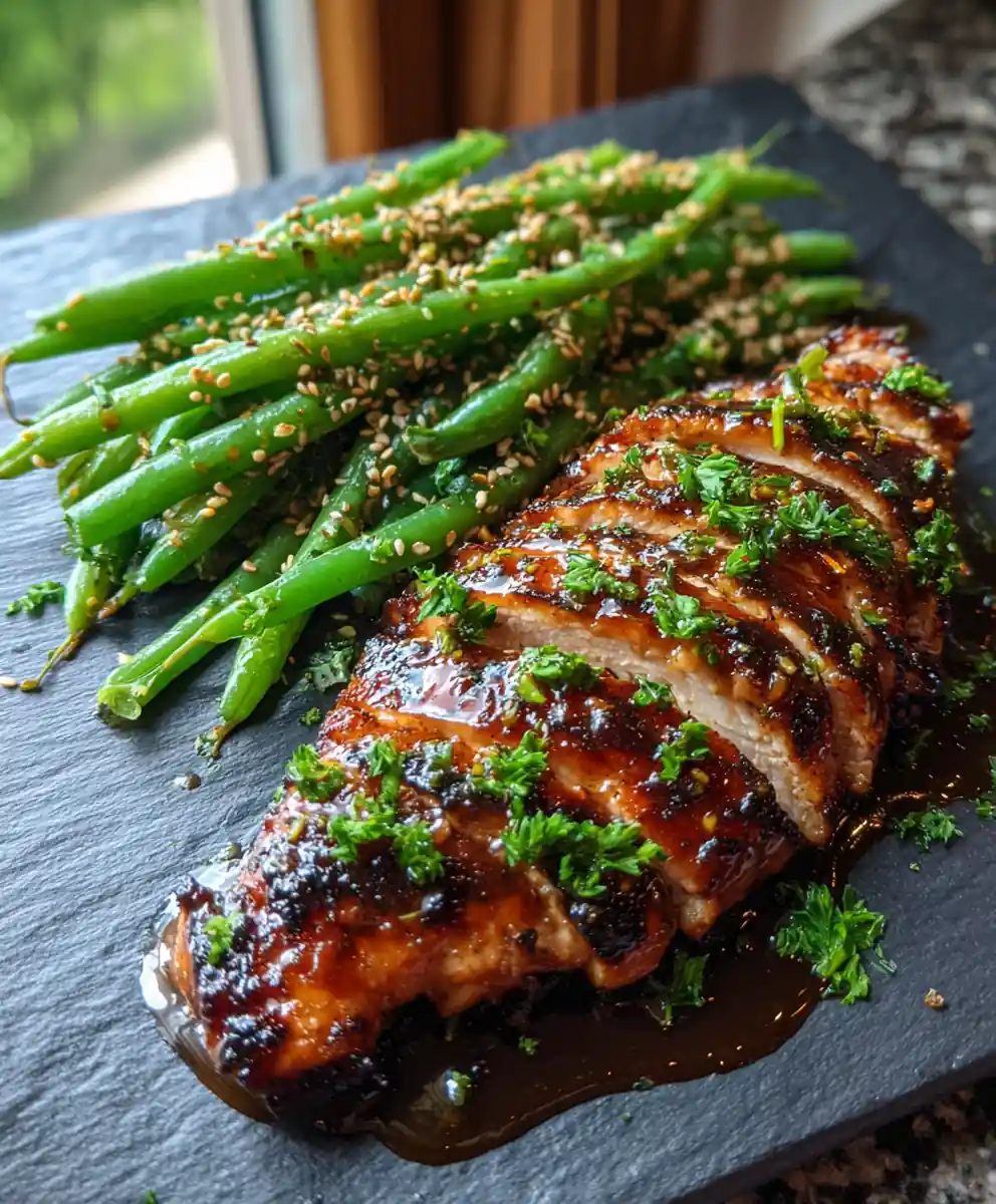 Smoky Honey Mustard Grilled Chicken with Sesame Crusted Green Beans
