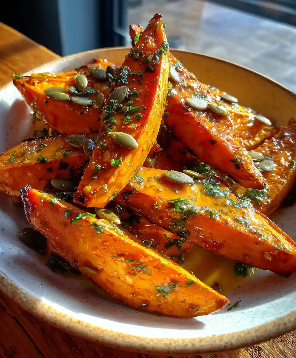 Smoky Paprika Garlic Butter Roasted Sweet Potatoes with Toasted Pumpkin Seed Crunch