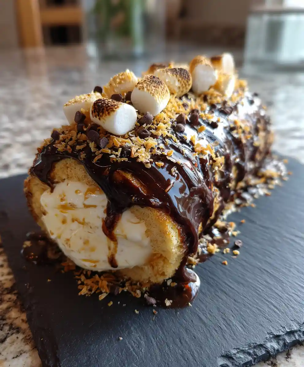 S'mores Cookie Dough Ice Cream Roll with Honey Butter Coconut Swirl