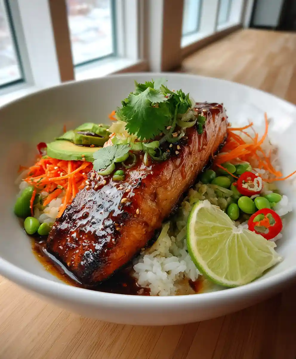 Spicy Salmon Bowls with Coconut Rice & Miso Maple Glazed Salmon