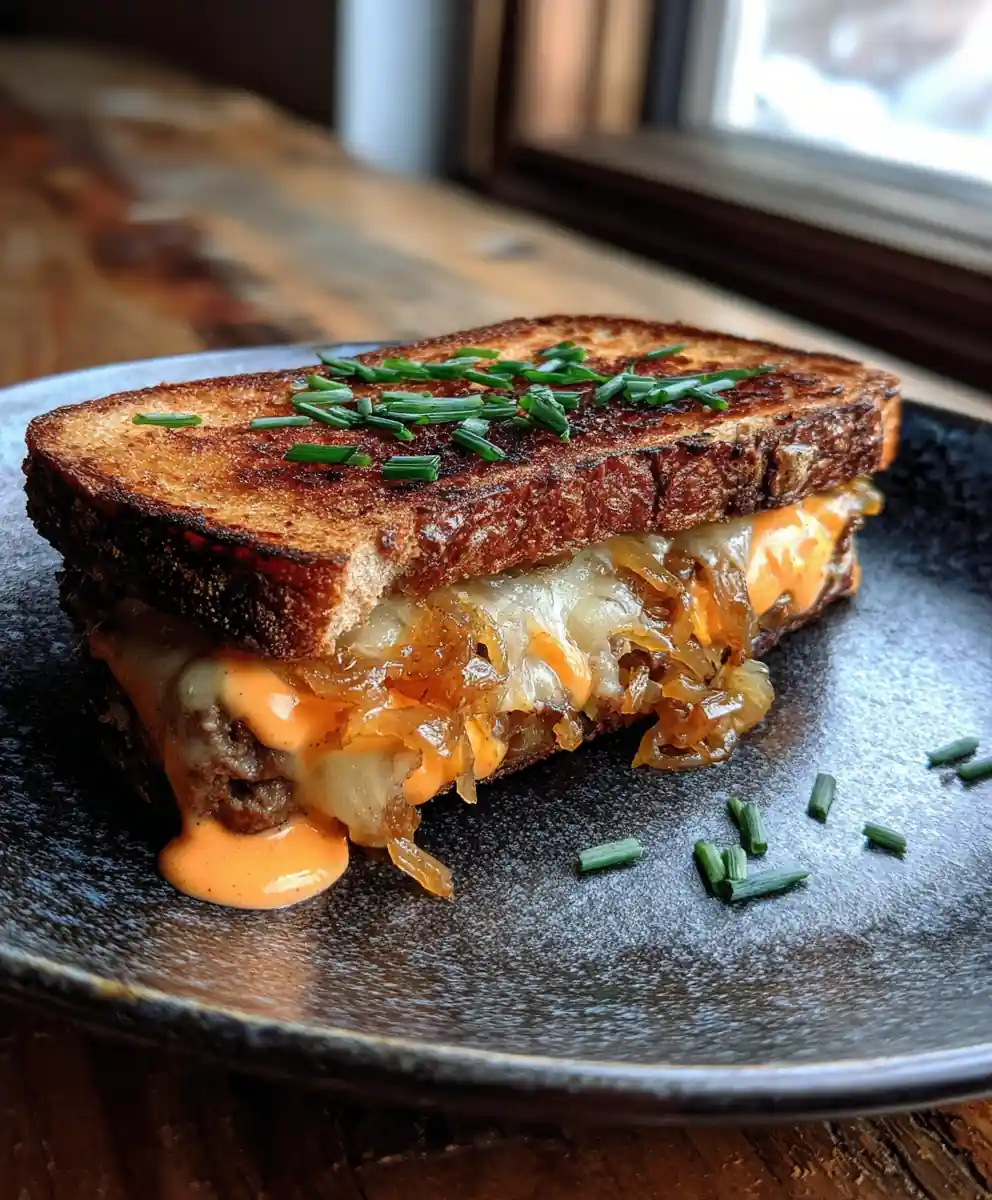 Spicy Sriracha Aioli Patty Melt with Sweet Onion Glaze