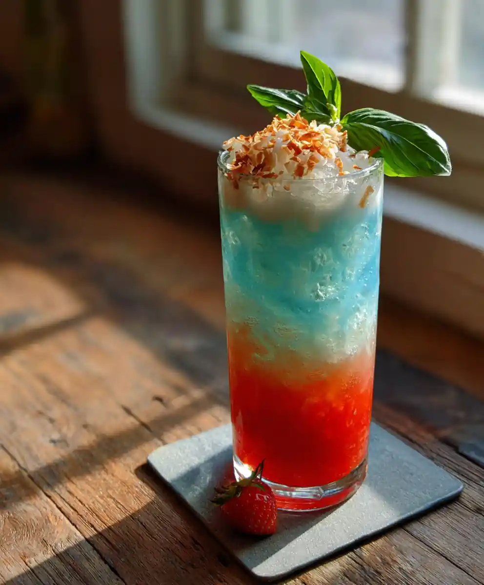 Strawberry Blue Hawaiian Mocktail with Coconut Basil Foam