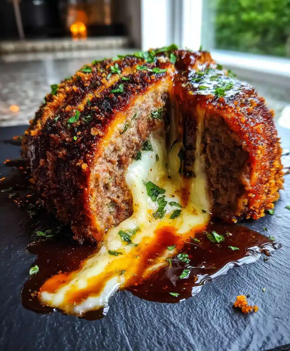 Stuffed Italian Meatloaf with Basil Pesto Mozzarella Core