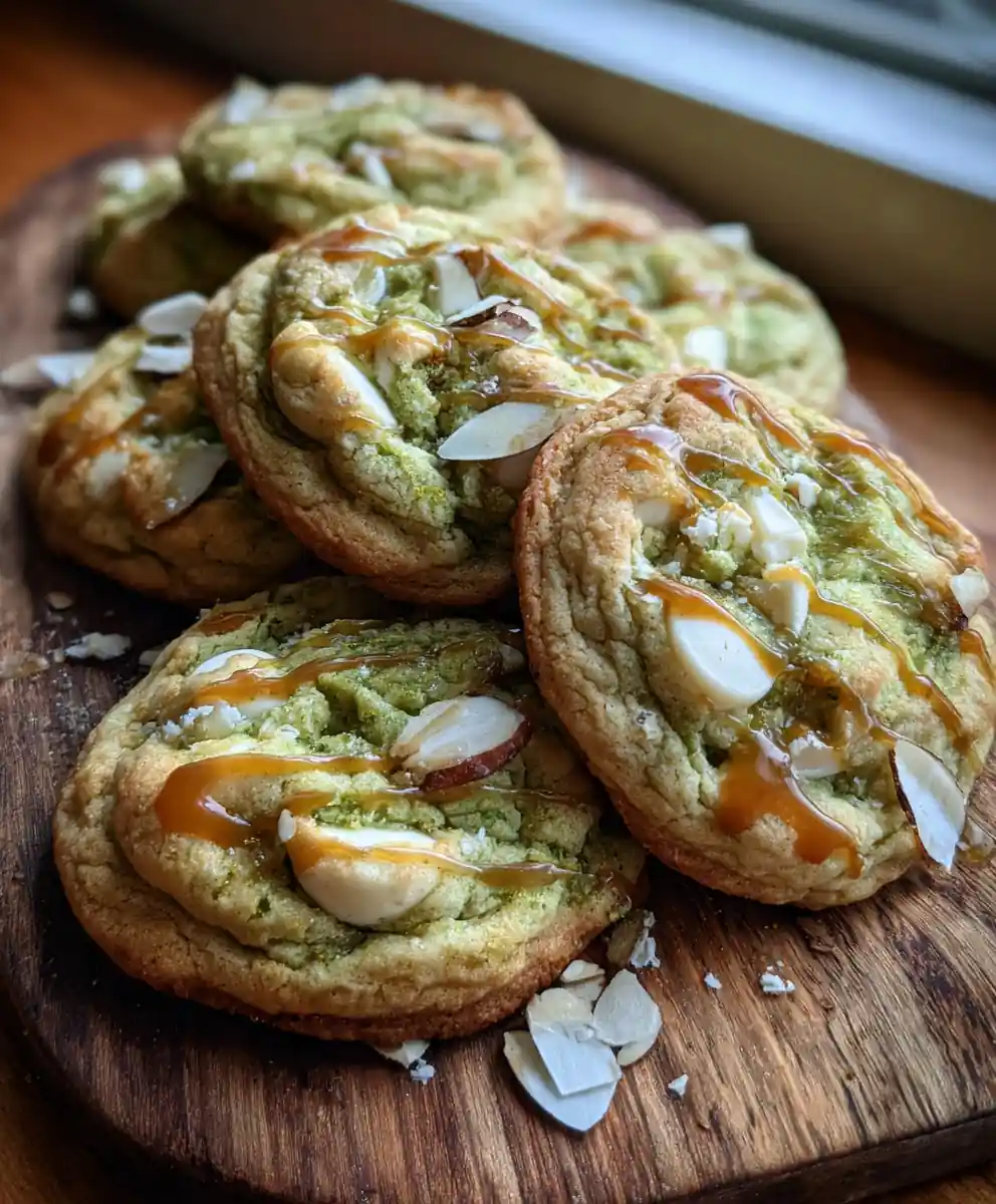 White Chocolate Caramel Drizzle Cookies with Matcha Swirl