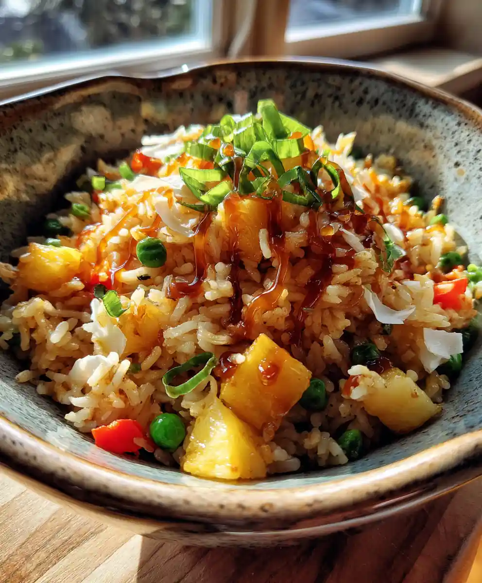Coconut Pineapple Fried Rice With Toasted Coconut Caramel Drizzle