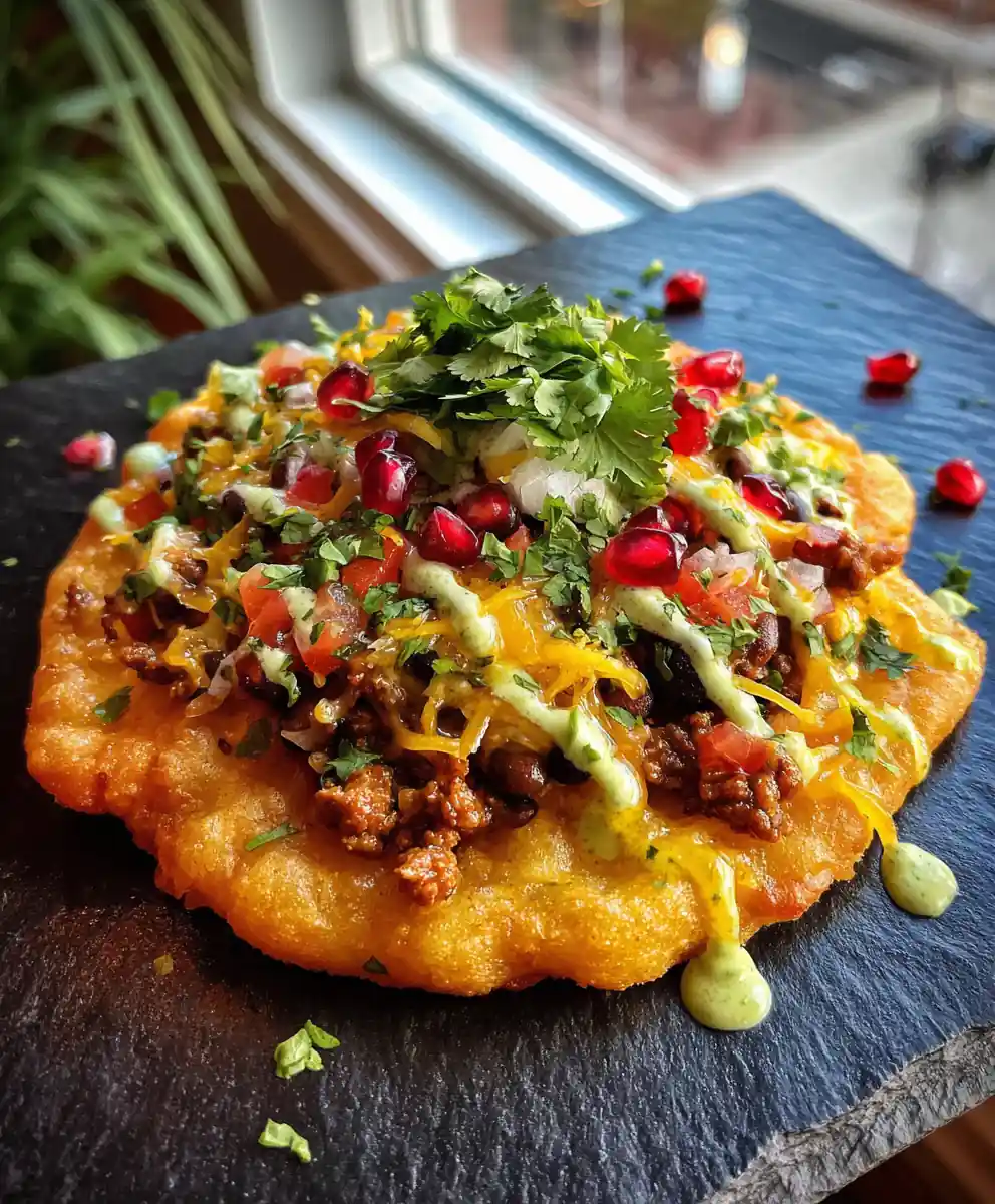 Crispy Navajo Taco With Cilantro Lime Yogurt Drizzle 7 Crispy Navajo Taco With Cilantro Lime Yogurt Drizzle