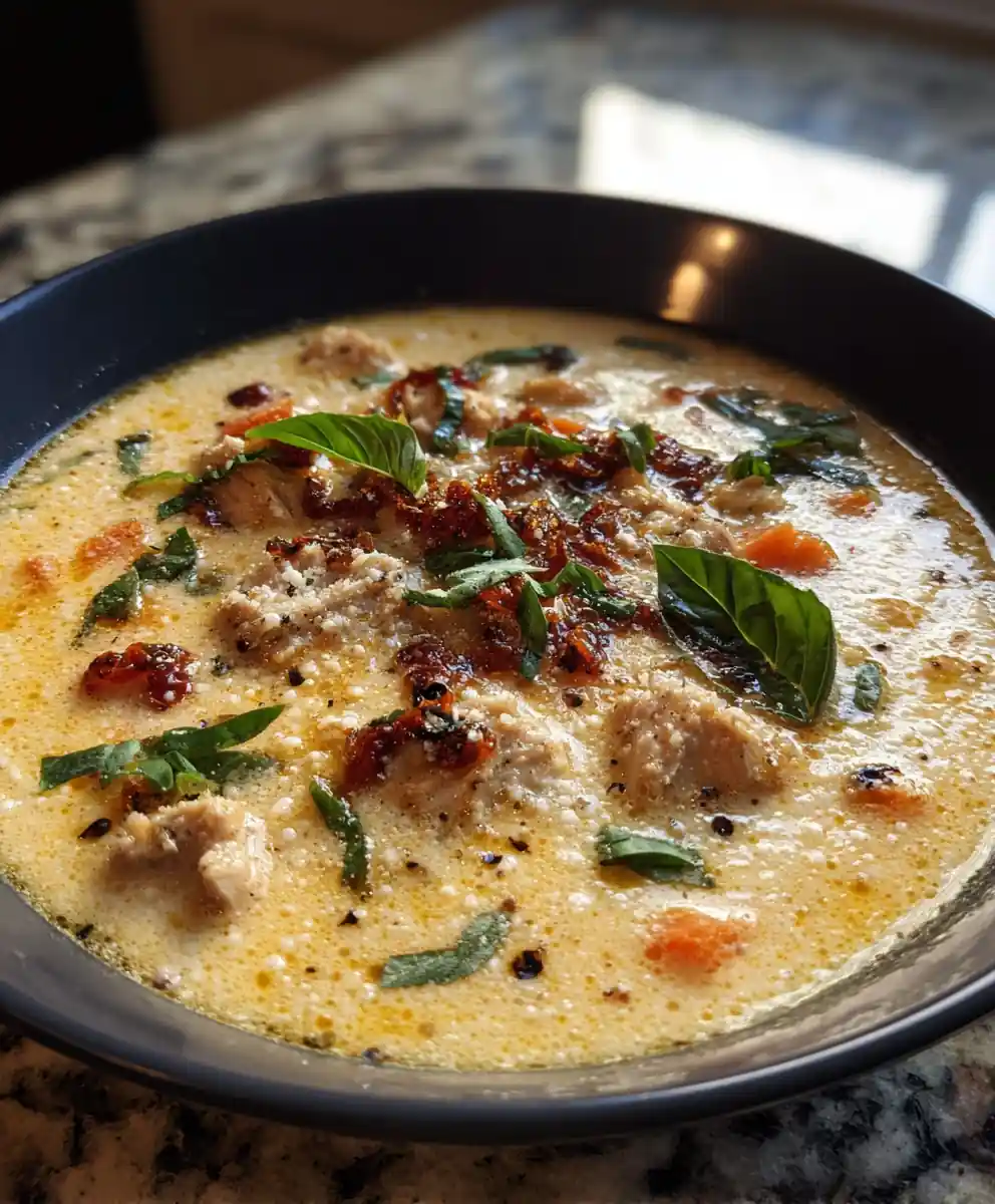 Crock Pot Creamy Chicken Parmesan Soup With Sun Dried Tomato Basil Swirl