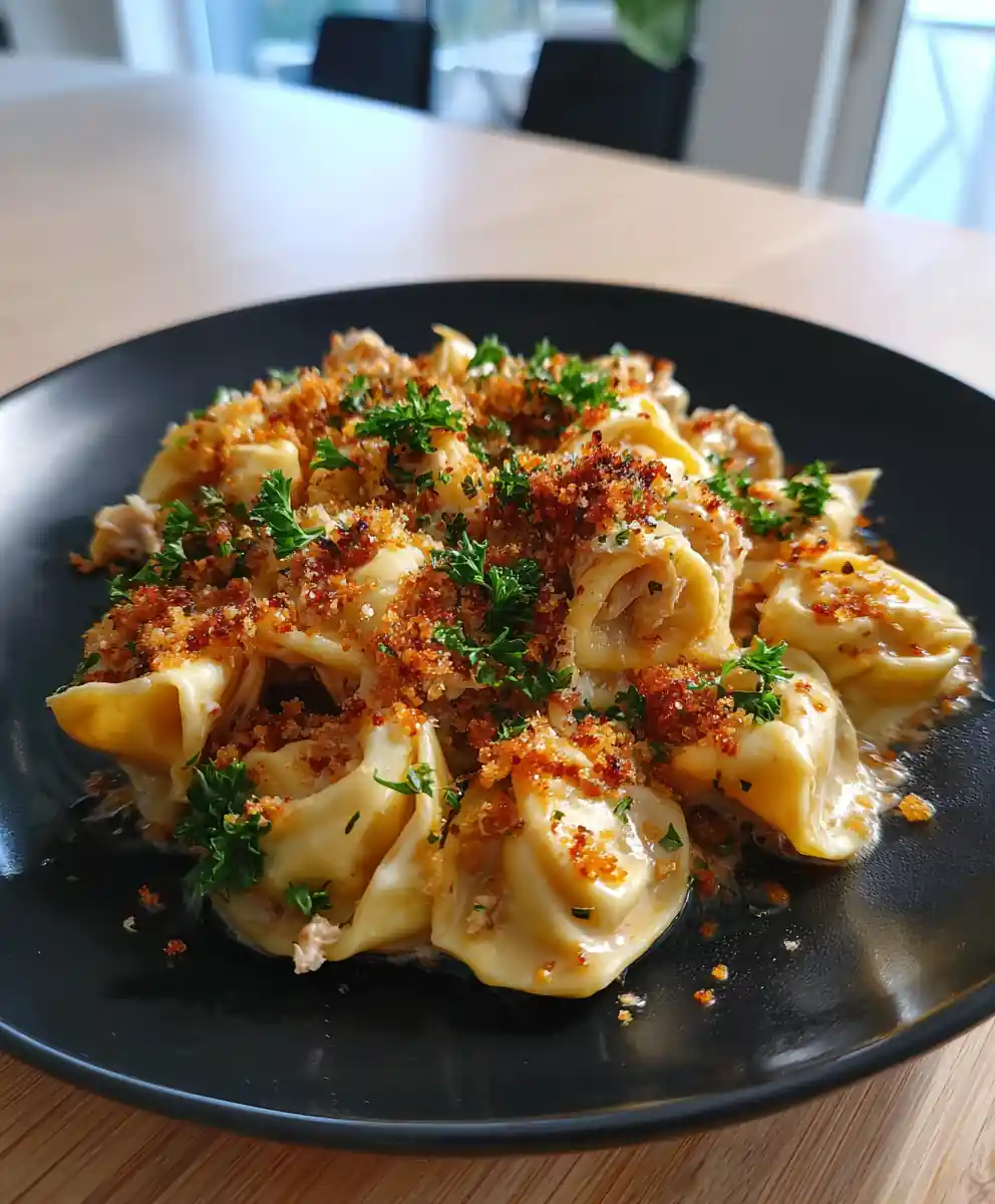 Garlic Chicken Tortellini In Smoky Chipotle Butter With Parmesan Hazelnut Crumble