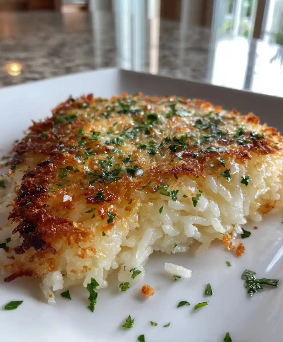 Golden Garlic Parmesan Rice With Crispy Cheese Crust