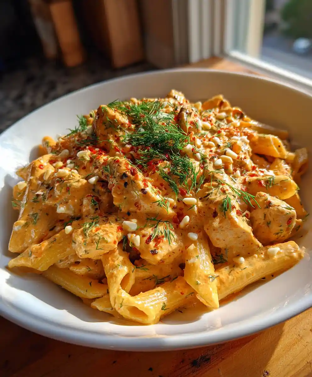 Greek Chicken Pasta With Feta Red Pepper Cream Swirl