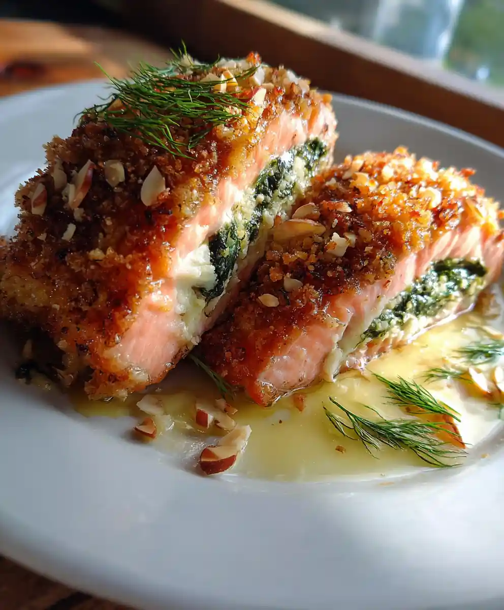 Lemon Almond Crusted Stuffed Salmon With Cream Cheese Spinach