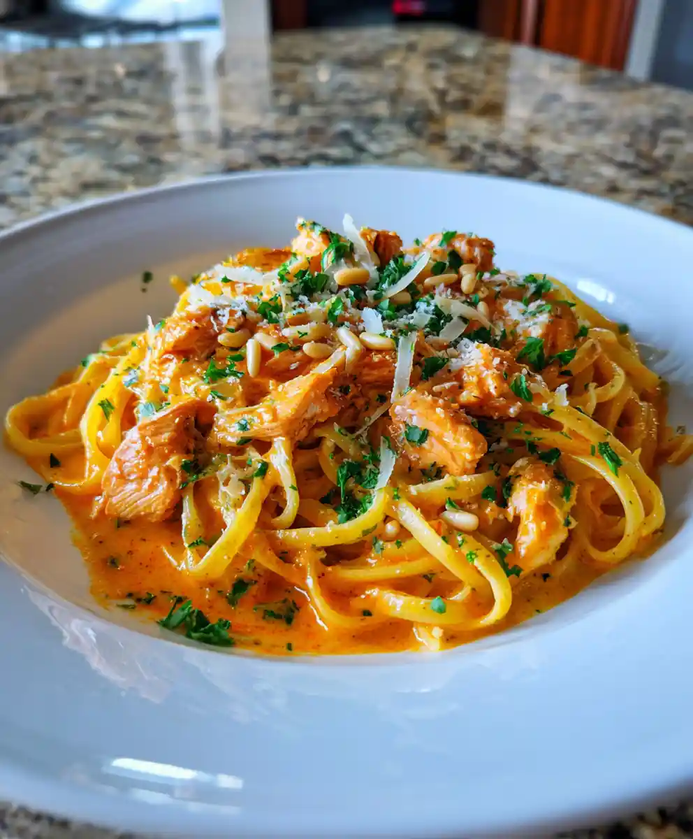 Lemon Garlic Chicken Pasta With Roasted Red Pepper Cream Swirl