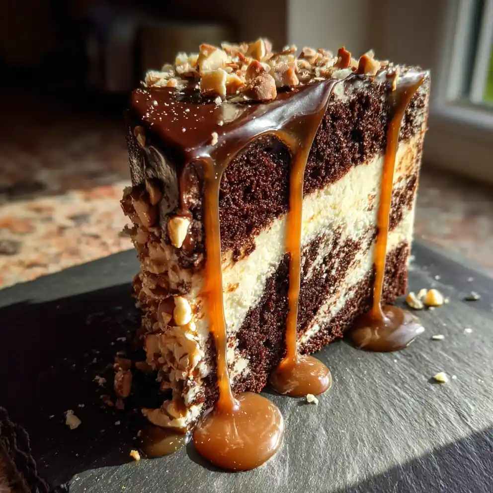 Mocha Hazelnut Tuxedo Cake With Caramel Glaze 6 Mocha Hazelnut Tuxedo Cake With Caramel Glaze