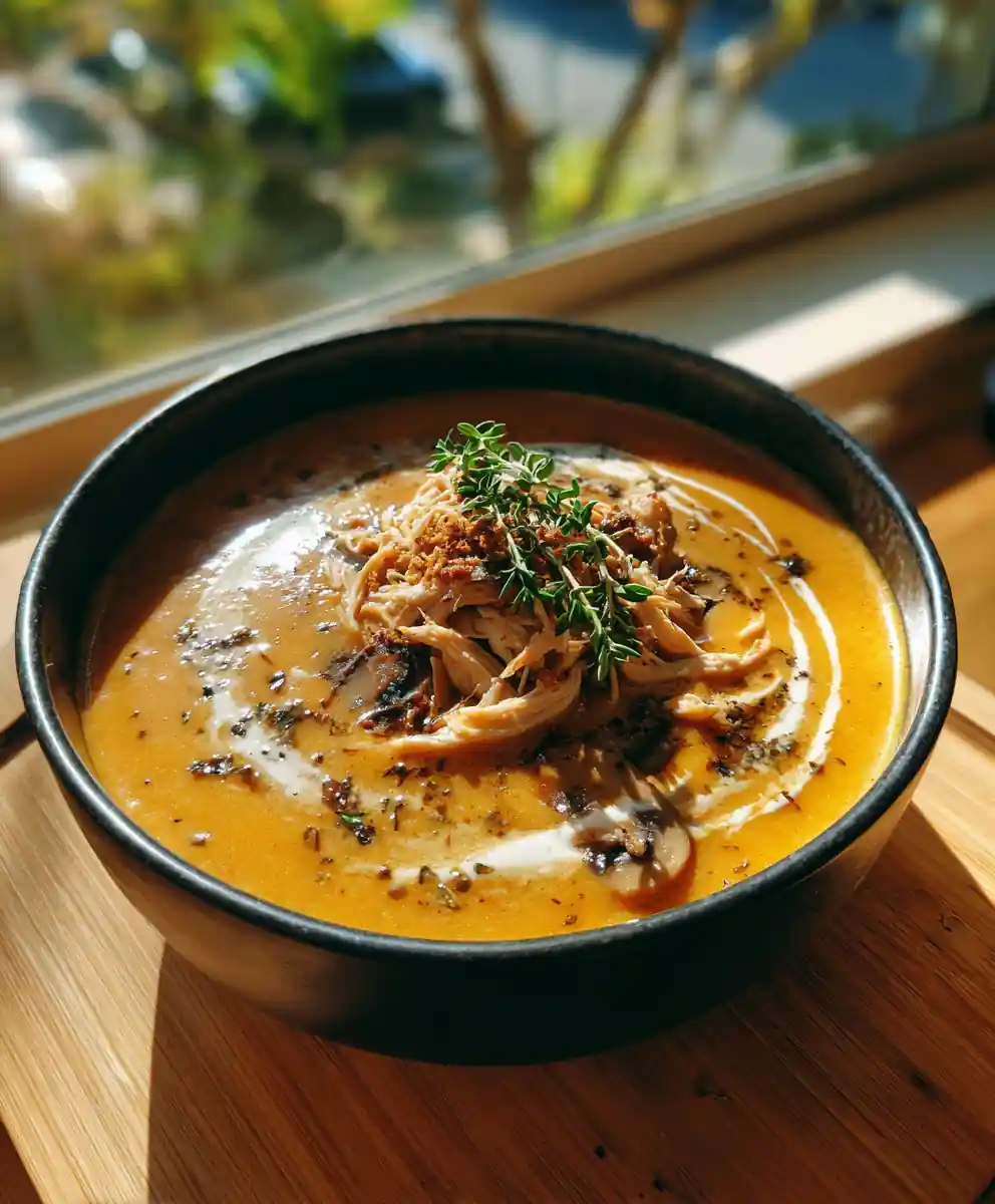 Rotisserie Chicken Mushroom Soup With Garlic Thyme Cream Swirl