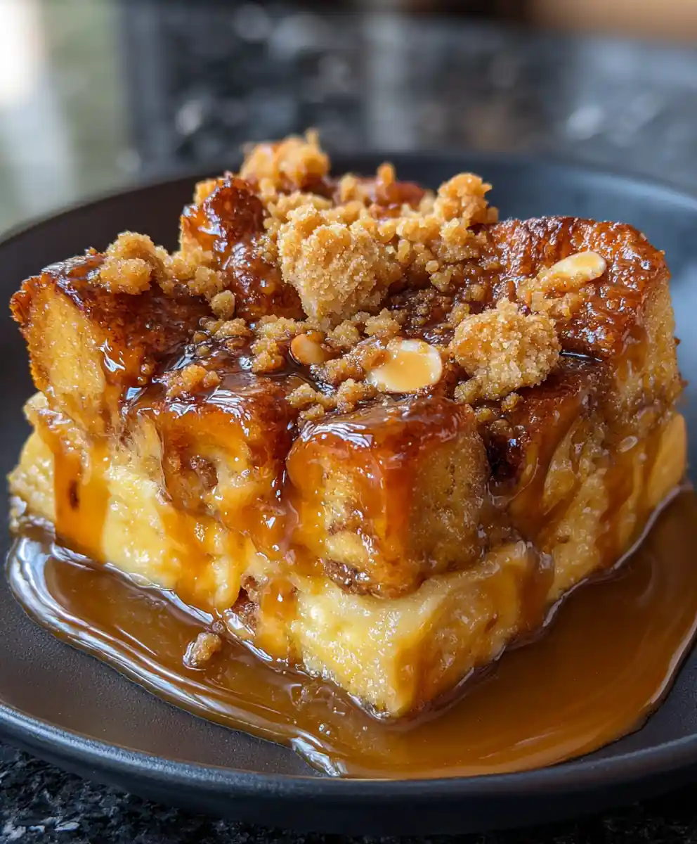 Salted Caramel Swirl Bread Pudding With Toasted Almond Crumble