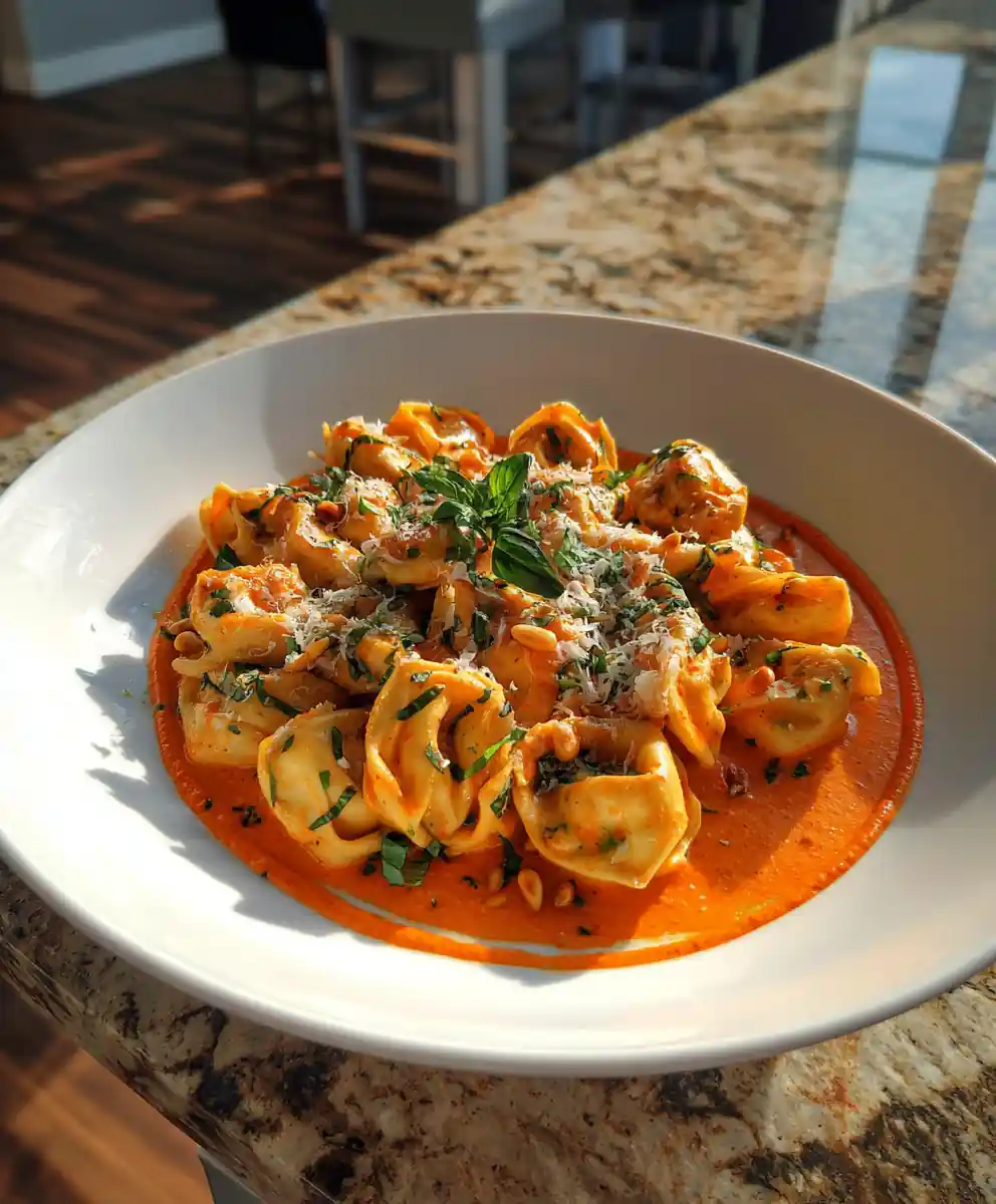 Smoky Garlic Butter Chicken Tortellini With Roasted Red Pepper Swirl