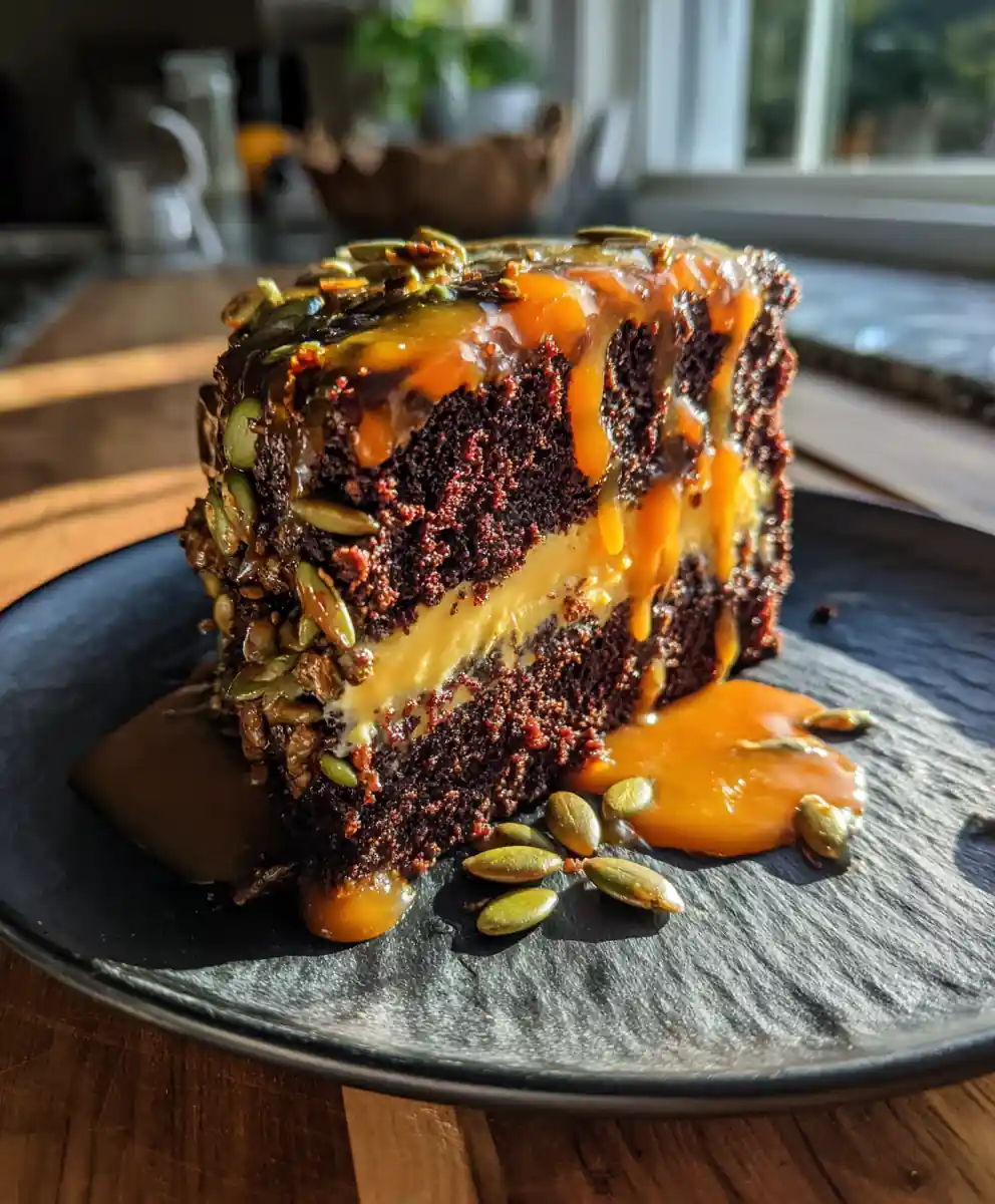 Spiced Pumpkin Black Velvet Halloween Cake with Orange Glaze