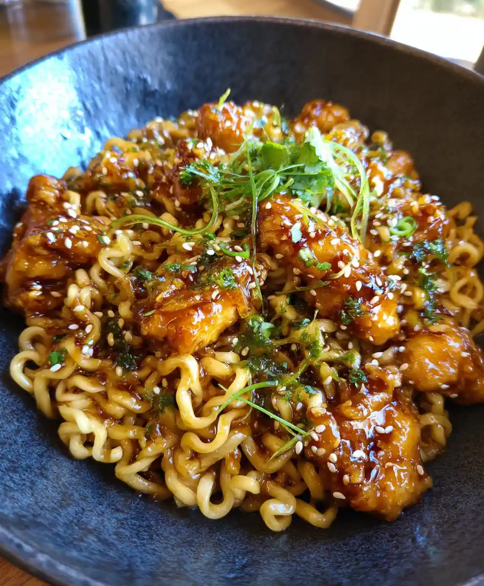 Sticky Garlic Chicken Noodles With Lime Cilantro Oil Swirl