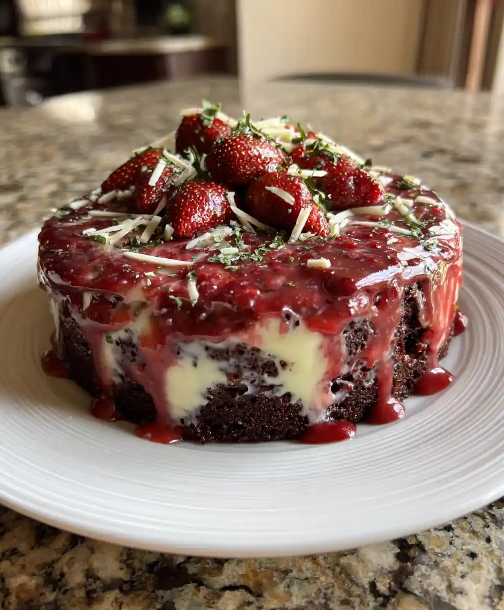 Strawberry Earthquake Cake With White Chocolate Mousse Swirl And Basil Glaze
