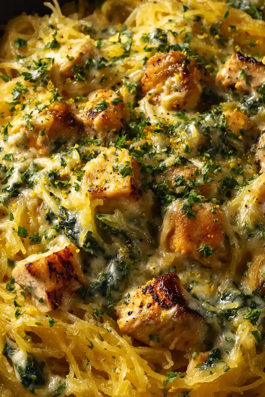 Chicken Spinach Alfredo Spaghetti Squash Bake