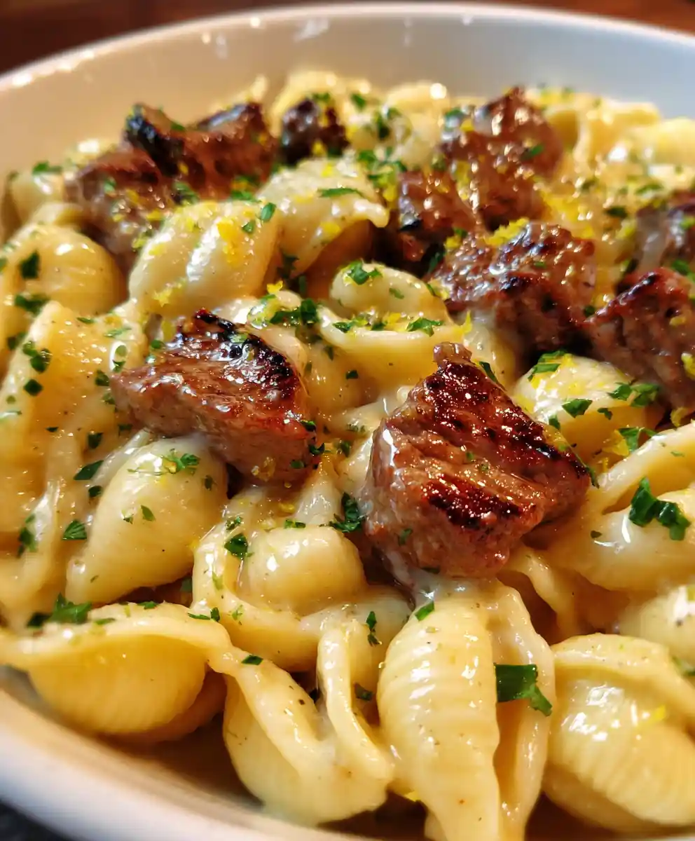 Steak Bites And Shell Pasta In Garlic Butter Alfredo Sauce